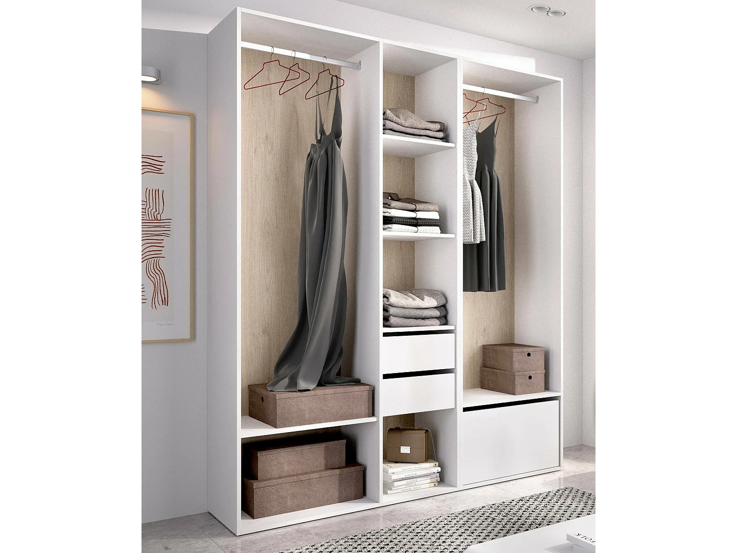 Dhorsche grote kledingkast, Slaapkamermeubel, Inloopkast, Kledingkast, 158x45 h205 cm, Wit en Eiken