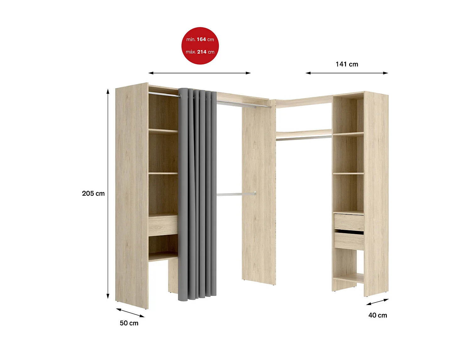 Grande Garde-robe Dtheegal, Meubles de chambre, Penderie de plain-pied, Placard à vêtements, 214x141 h205 cm, Chêne clair