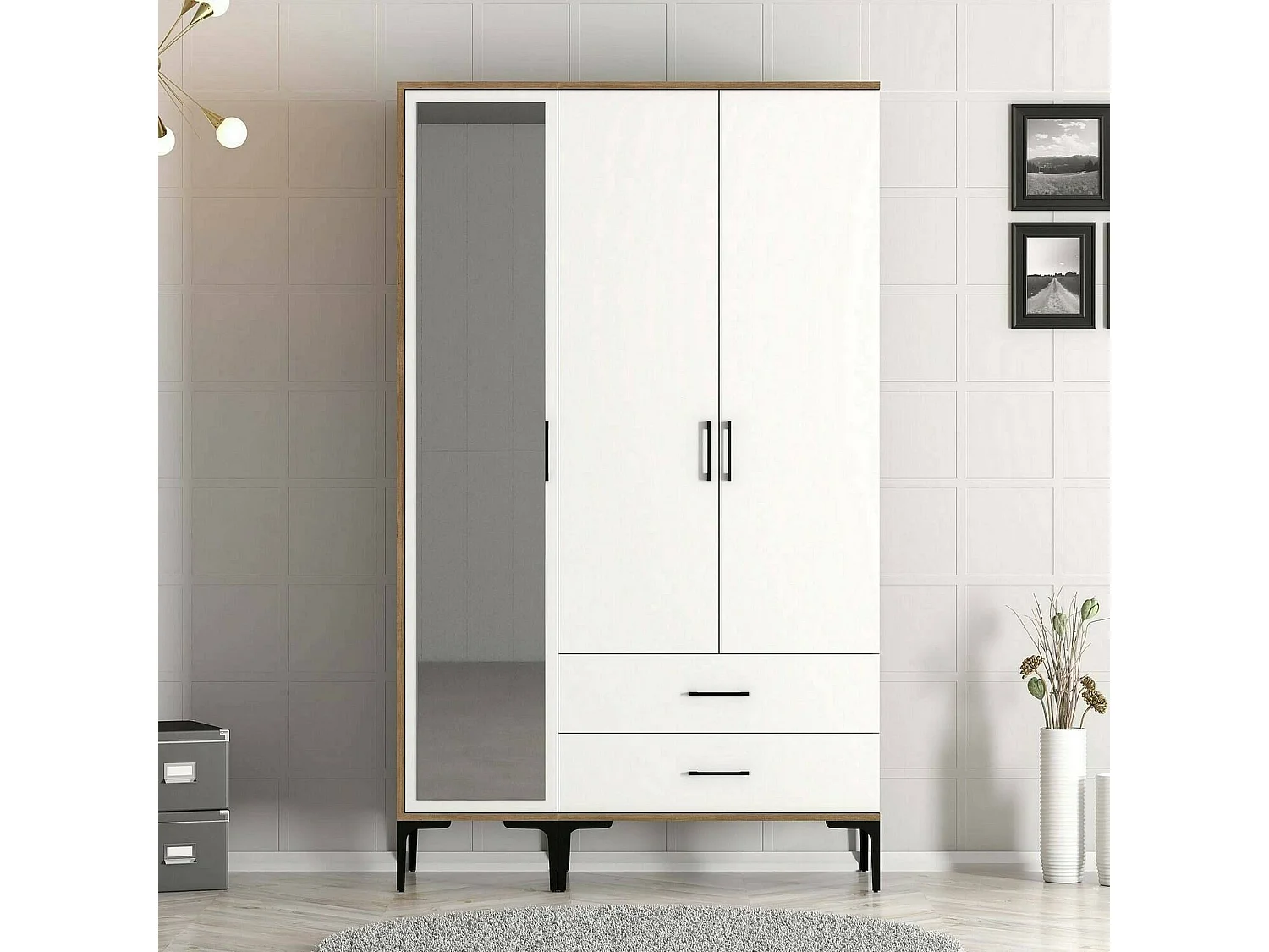 Armário Dpierin de 3 portas, mobiliário de quarto, roupeiro, roupeiro, 120x201h48 cm, nogueira e branco