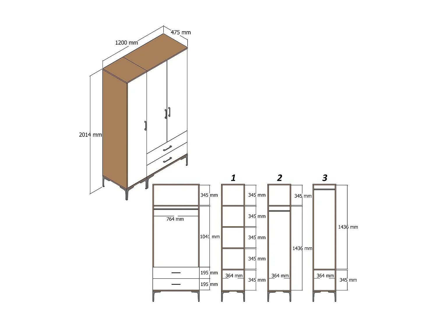 Armário Dpierin de 3 portas, mobiliário de quarto, roupeiro, roupeiro, 120x201h48 cm, nogueira e branco