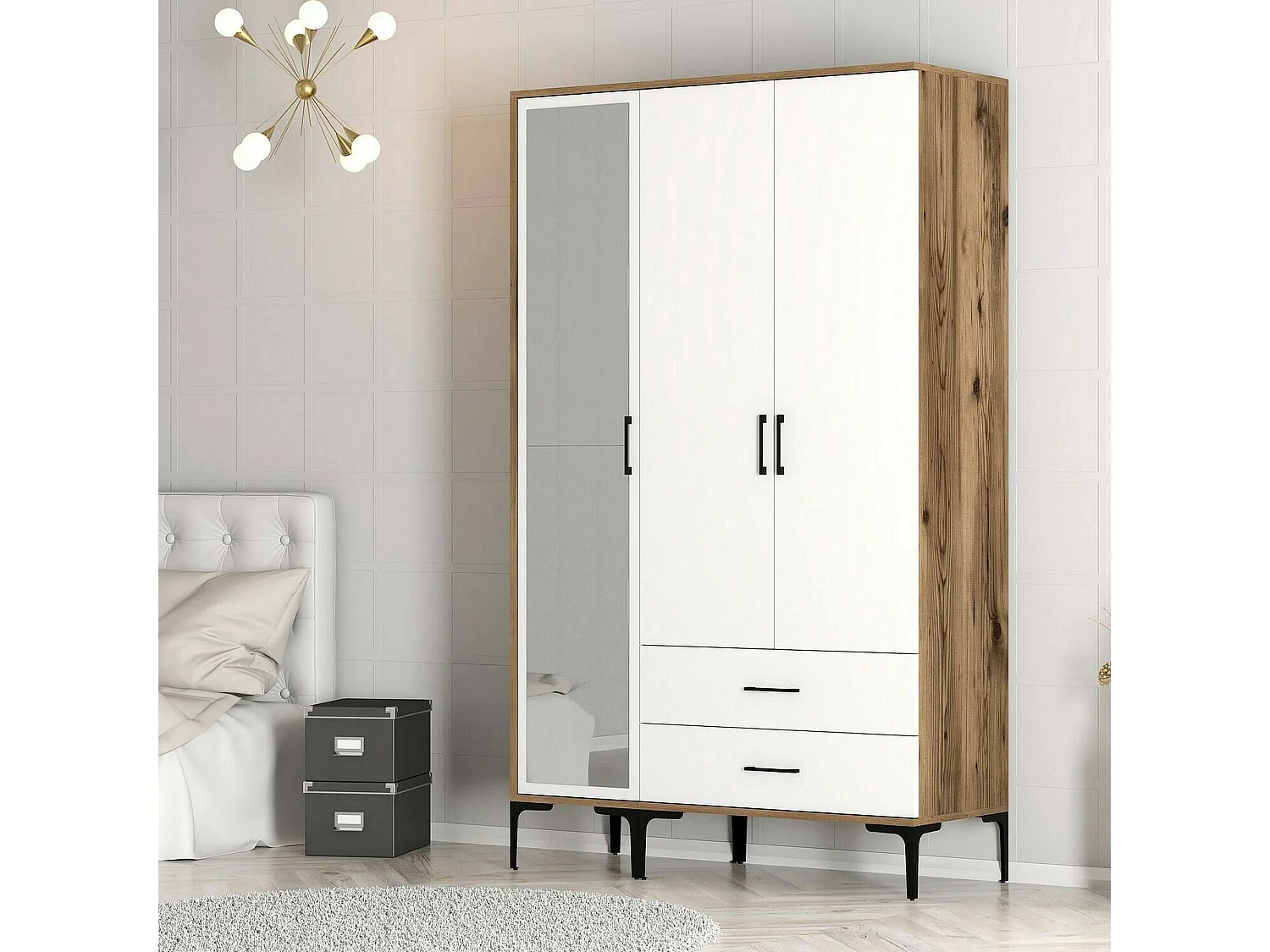 Armário Dpierin de 3 portas, mobiliário de quarto, roupeiro, roupeiro, 120x201h48 cm, nogueira e branco