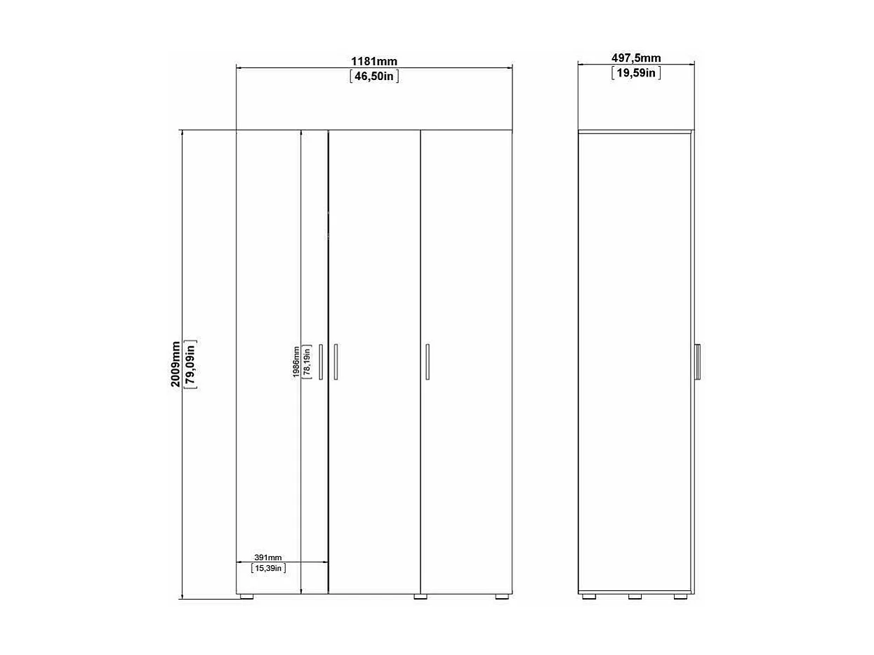 Armário Drivier de 3 portas, Móveis de quarto, Armário, Armário, 118x50 h201 cm, Branco
