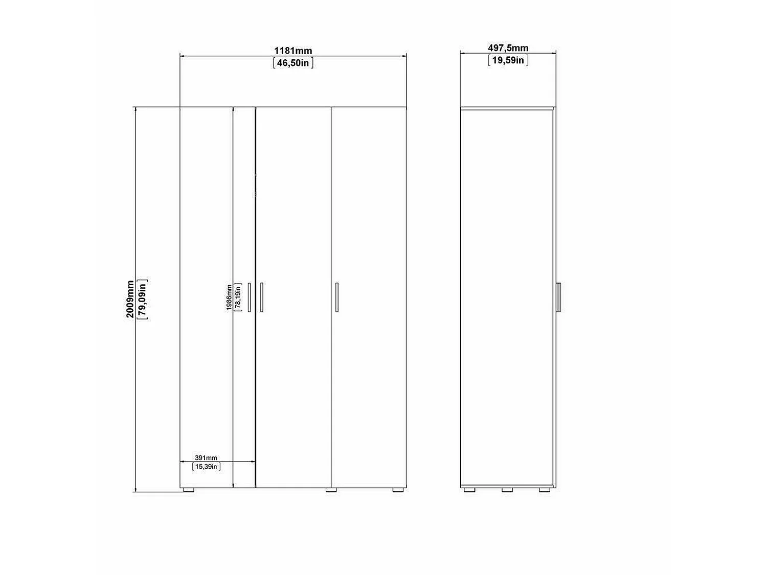 Garde-robe 3 portes Drivier, Meubles de chambre, Penderie de plain-pied, Placard à vêtements, 118x50 h201 cm, Blanc