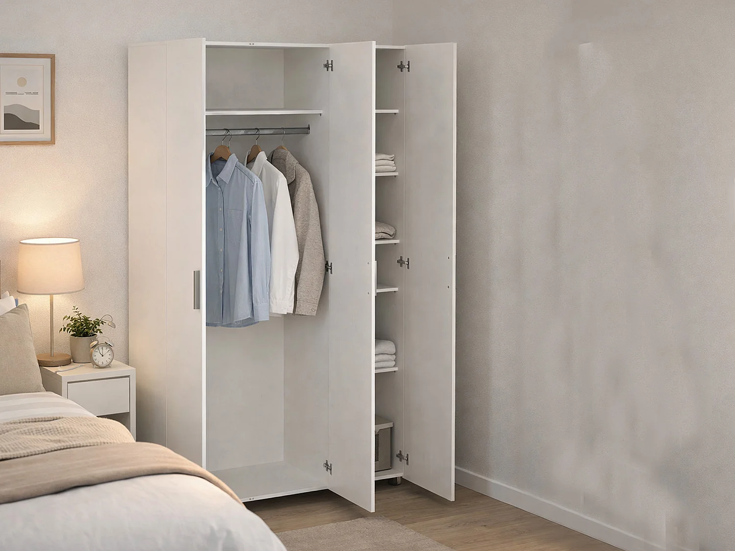 Garde-robe 3 portes Drivier, Meubles de chambre, Penderie de plain-pied, Placard à vêtements, 118x50 h201 cm, Blanc