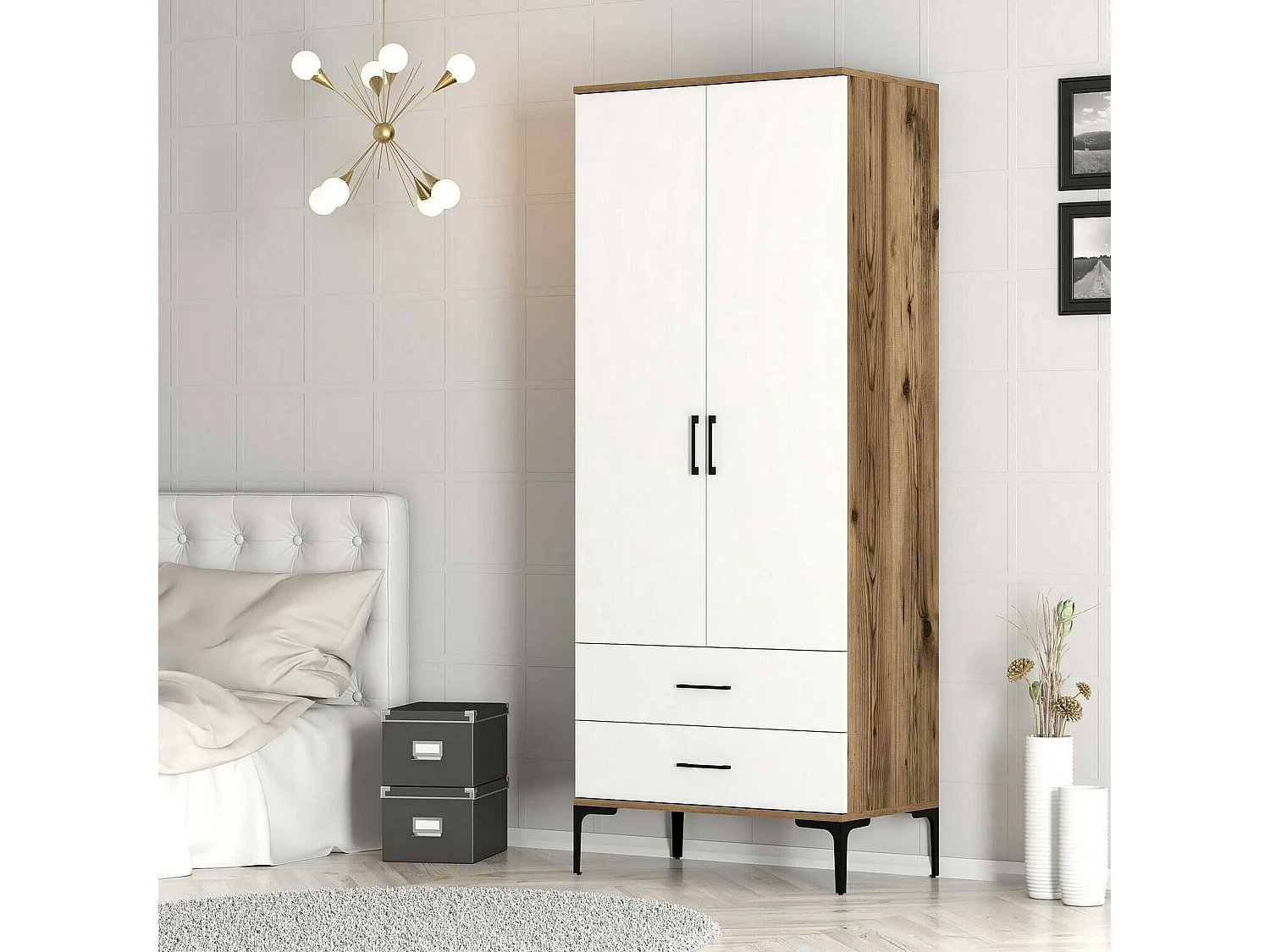 Kleiderschrank 2 Türen Dpan, Schlafzimmermöbel, Schrank, Garderobe, 80x201h48 cm, Walnuss und WeiÃŸ