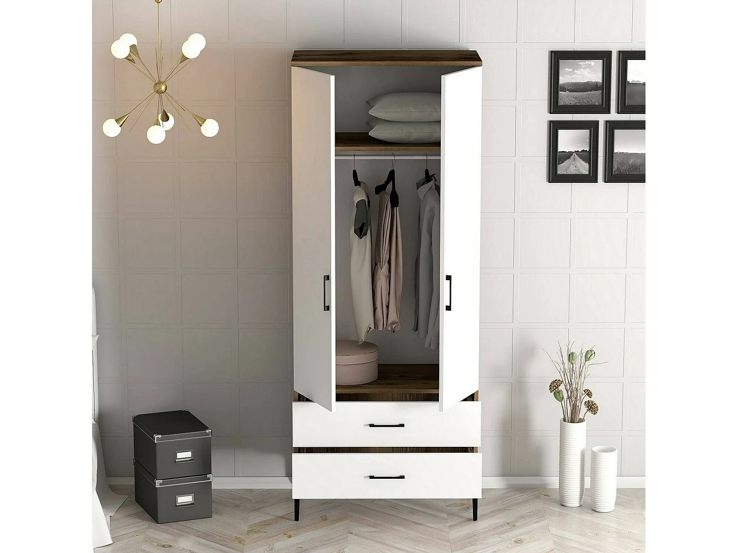 Guardaroba 2 Ante Doriana, 2 Cassetti, 47.5x201.4h cm Bianco, Armadio Camera da Letto