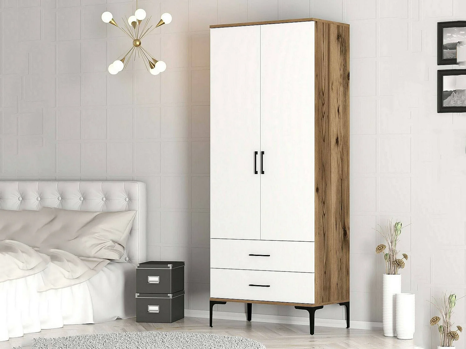 Garde-robe 2 portes Dpan, Meubles de chambre, Penderie de plain-pied, Placard à vêtements, 80x201h48 cm, Noyer et Blanc