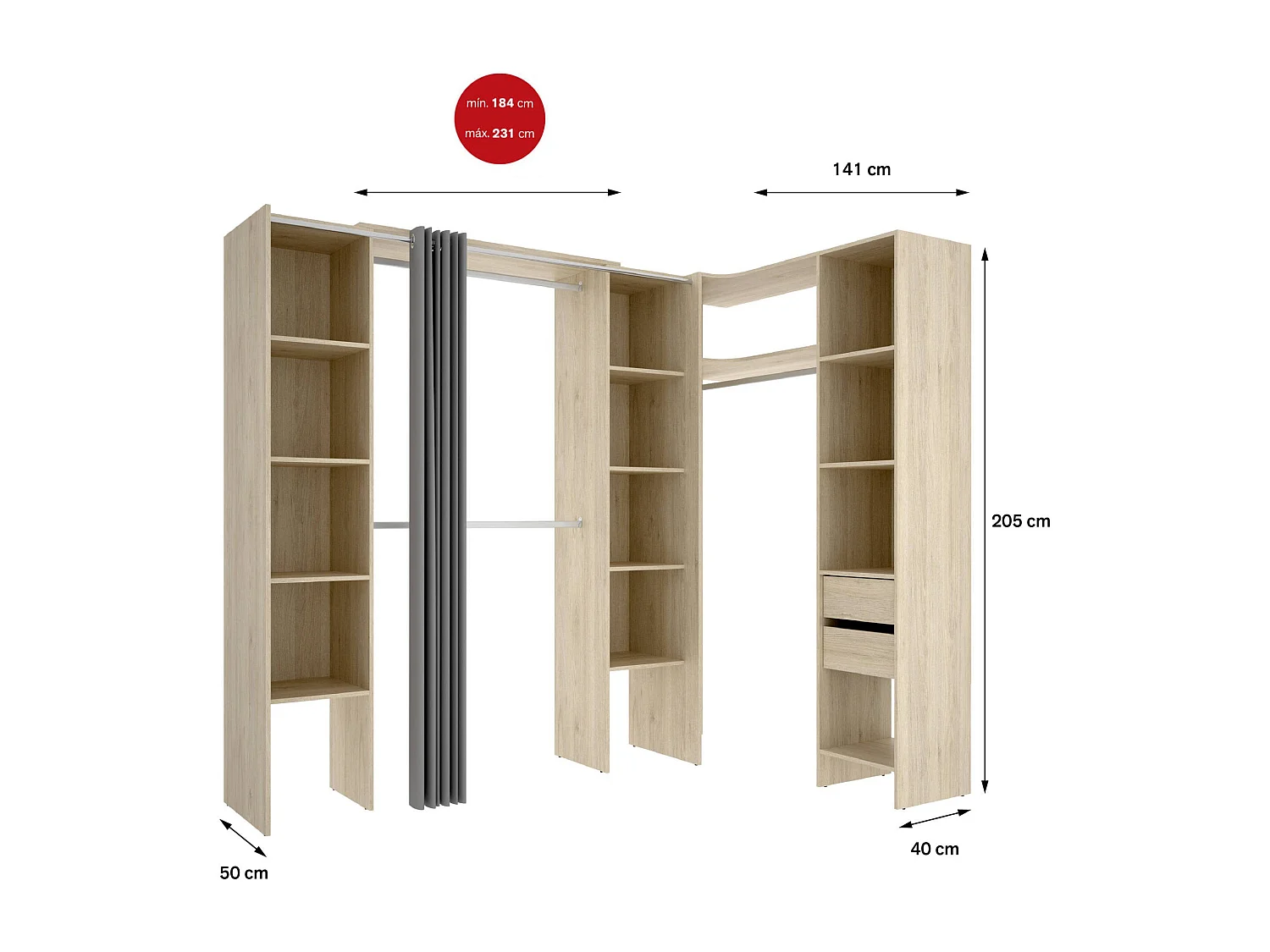 Grande Garde-robe Dmacintyr, Meubles de chambre, Penderie de plain-pied, Placard à vêtements, 234x141 h205 cm, Chêne clair