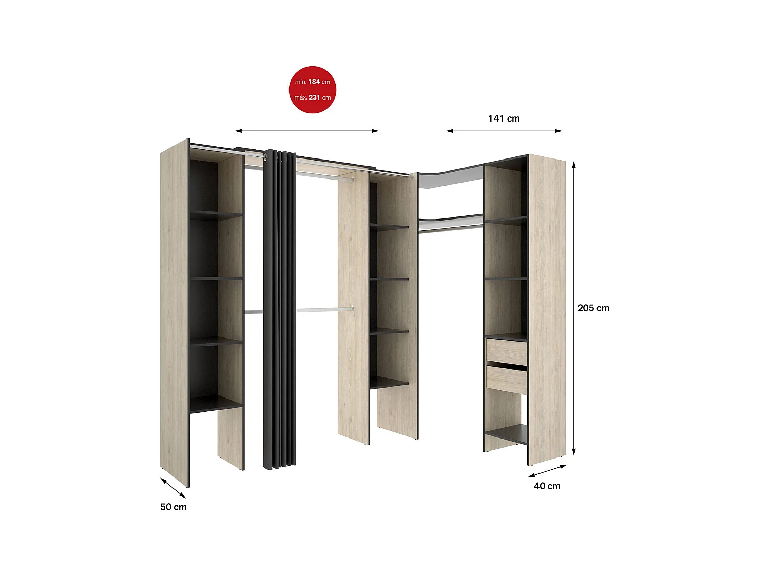 Grande Garde-robe Dmacintyr, Meubles de chambre, Penderie de plain-pied, Placard à vêtements, 234x141 h205 cm, Anthracite et Chêne clair