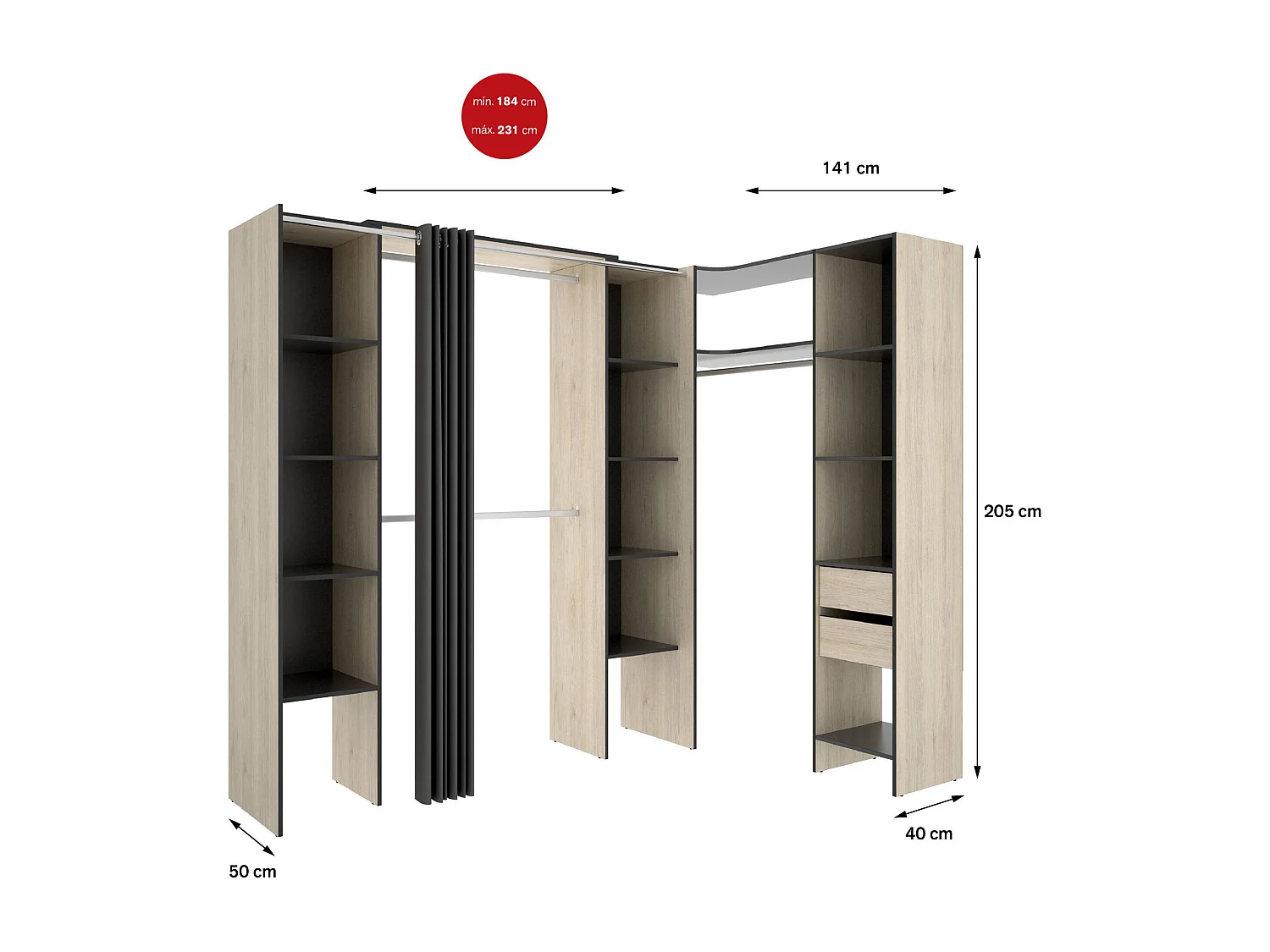Gran Armario Dmacintyr, Muebles de dormitorio, Vestidor, Armario de ropa, 234x141 h205 cm, Antracita y Roble