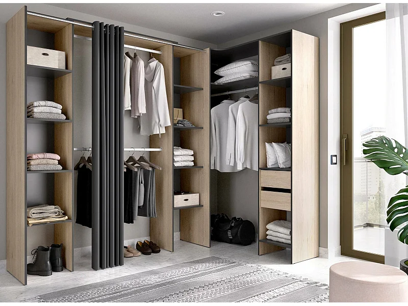 Grande Garde-robe Dmacintyr, Meubles de chambre, Penderie de plain-pied, Placard à vêtements, 234x141 h205 cm, Anthracite et Chêne clair