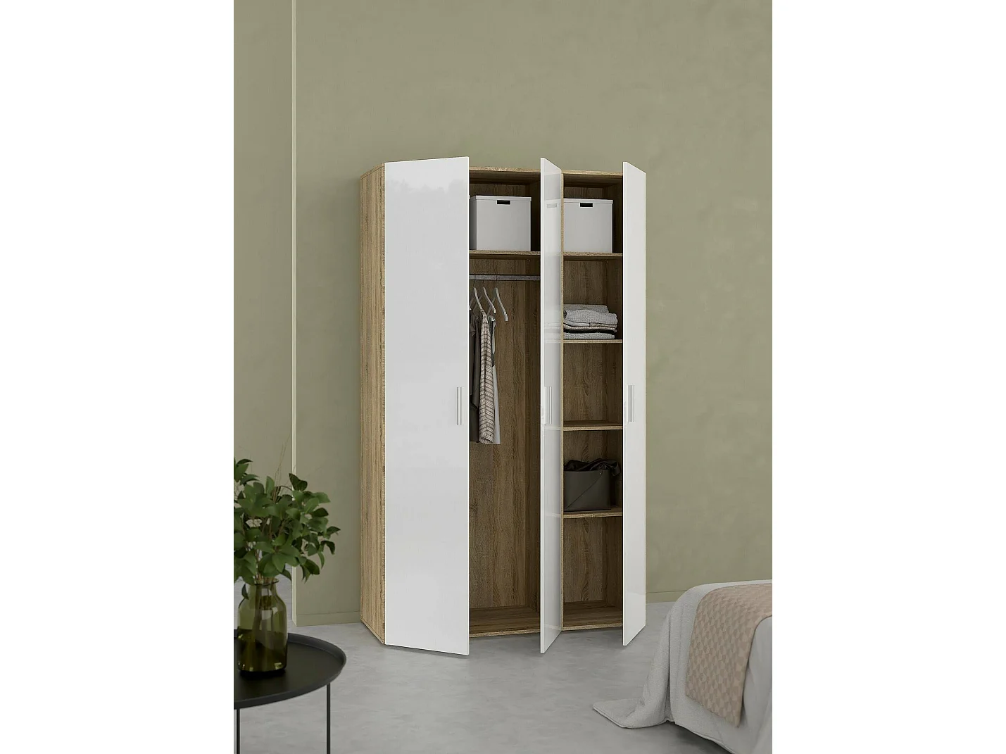 Garde-robe 3 portes Drivier, Meubles de chambre, Penderie de plain-pied, Placard à vêtements, 118x50 h201 cm, Chêne et Blanc