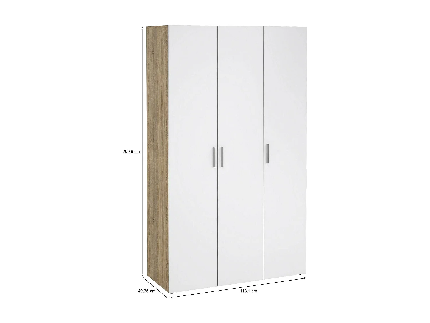 Garde-robe 3 portes Drivier, Meubles de chambre, Penderie de plain-pied, Placard à vêtements, 118x50 h201 cm, Chêne et Blanc