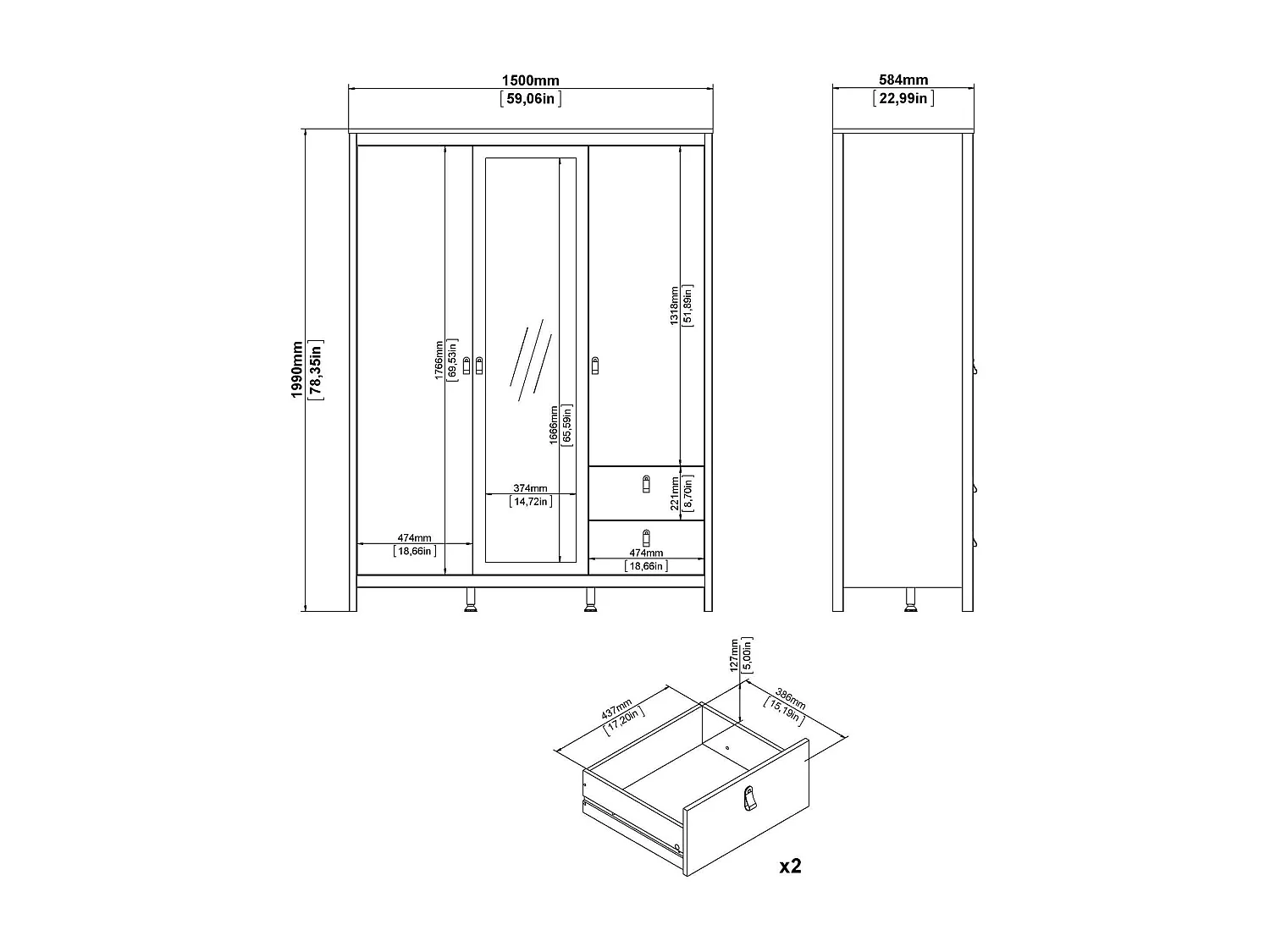 Garde-robe 3 portes Dselvagg, Meubles de chambre, Penderie de plain-pied, Placard à vêtements, 150x58 h199 cm, Noir