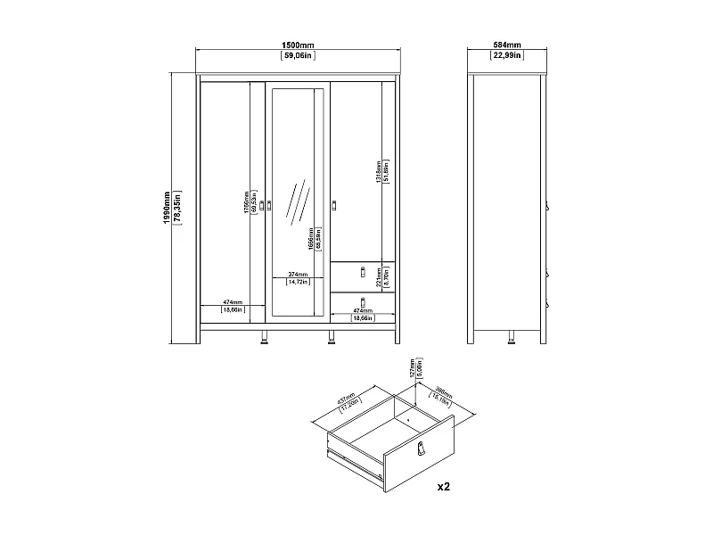 Garde-robe 3 portes Dselvagg, Meubles de chambre, Penderie de plain-pied, Placard à vêtements, 150x58 h199 cm, Noir