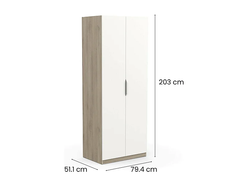 Roupeiro Djakobsso 2 portas, Móveis de quarto, Armário, Armário, 79x51 h203 cm, Carvalho e branco mate