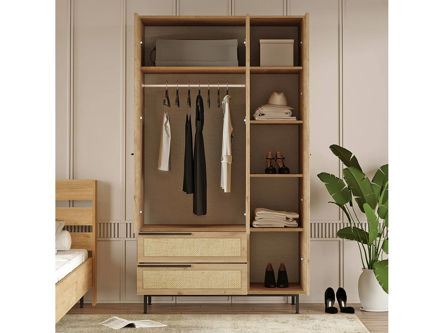 Dmattiell grote kledingkast, Slaapkamermeubilair, Inloopkast, Kledingkast, 112x55 h196 cm, Walnoot en Eiken