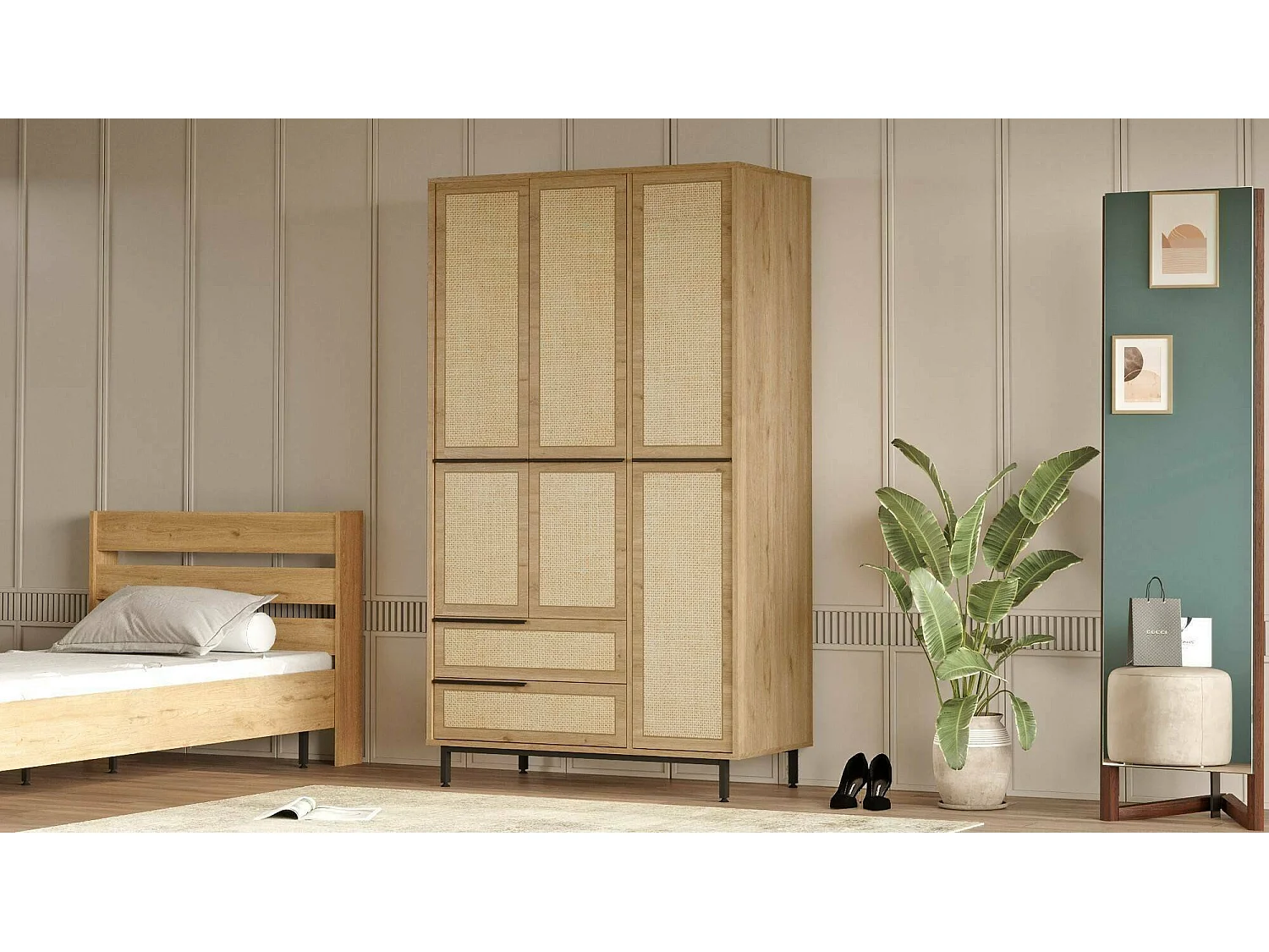 Grande Garde-robe Dmattiell, Meubles de chambre, Penderie de plain-pied, Placard à vêtements, 112x55 h196 cm, Noyer et Chêne