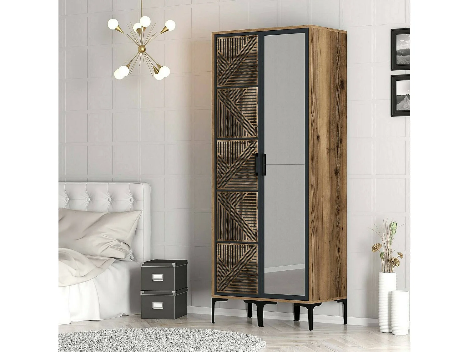 Garde-robe 2 portes Dpagliuc, Meubles de chambre, Penderie de plain-pied, Placard à vêtements, 80x201h48 cm, Noyer et Anthracite