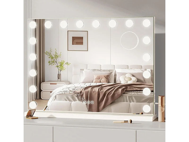 Hollywood LED 18 Bulbs Specchio per trucco - specchio da toeletta leggera 80 x 58 cm, TOUCT CONTROL 3 ​​colori regolabile - Porta di tipo C e USB - Bianco