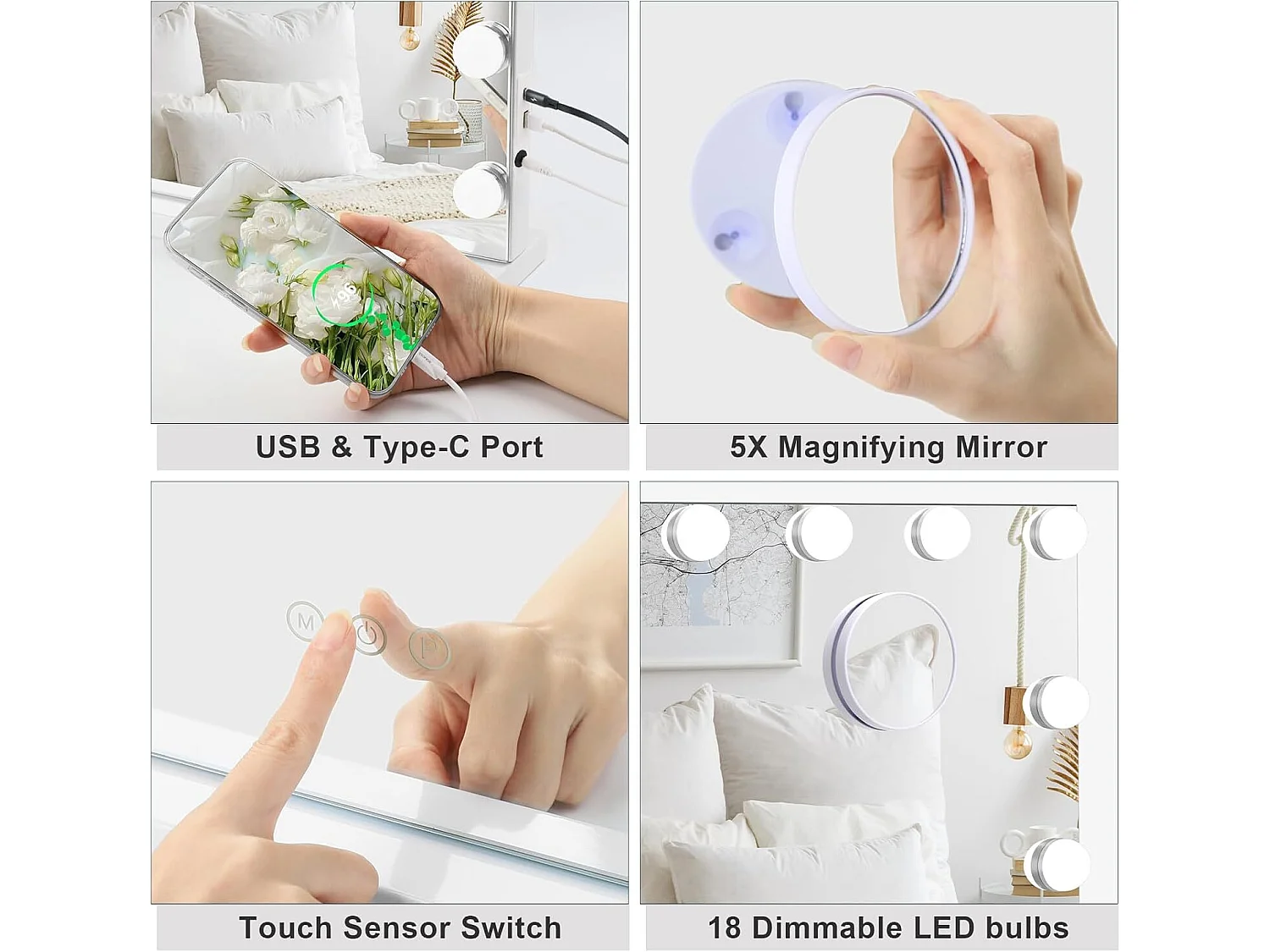 Miroir Maquillage Hollywood Led 18 Ampoules - Miroir Coiffeuse Lumineux 80 x 58cm,Contrôle Tactile 3 Couleurs Luminosité Réglable - Port Type C et USB - Blanc