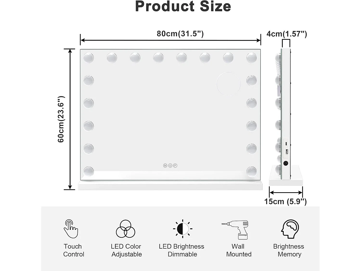 Miroir Maquillage Hollywood Led 18 Ampoules - Miroir Coiffeuse Lumineux 80 x 58cm,Contrôle Tactile 3 Couleurs Luminosité Réglable - Port Type C et USB - Blanc