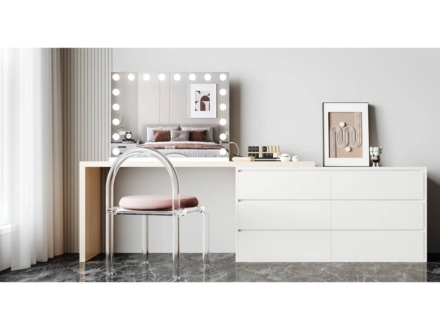 Miroir Maquillage Hollywood Led 18 Ampoules - Miroir Coiffeuse Lumineux 80 x 58cm,Contrôle Tactile 3 Couleurs Luminosité Réglable - Port Type C et USB - Blanc