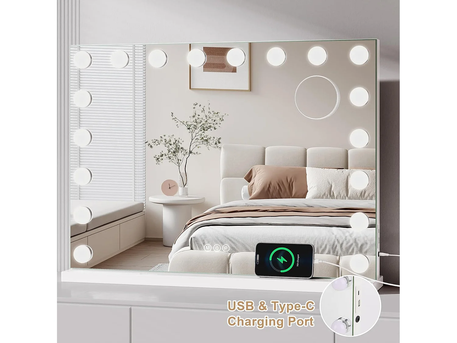 Miroir Maquillage Hollywood Led 18 Ampoules - Miroir Coiffeuse Lumineux 80 x 58cm,Contrôle Tactile 3 Couleurs Luminosité Réglable - Port Type C et USB - Blanc