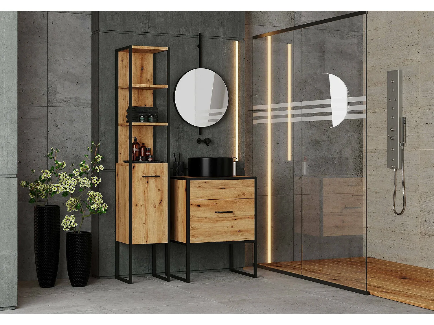 Armário coluna Dturne, Móvel de parede para casa de banho ou cozinha, Armário alto multifuncional, Armário multiusos, 33x33 h180 cm, Carvalho e Preto