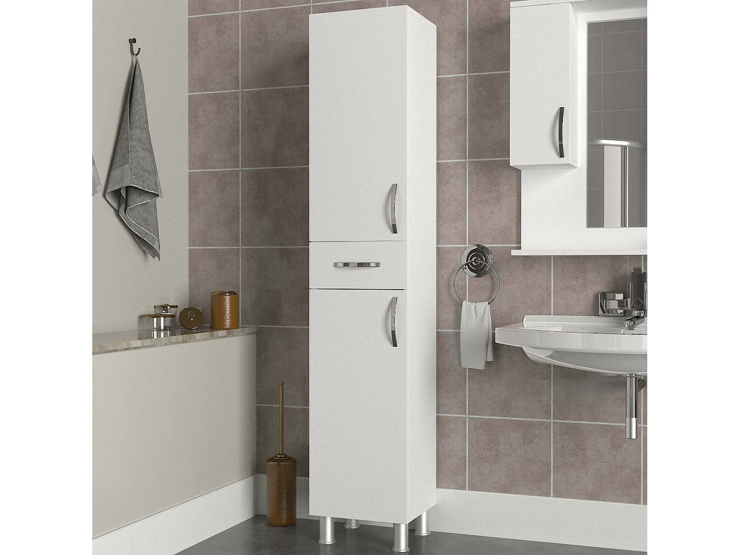 Armario de columna Deugeneboua, Mueble alto para baño o cocina, Armario alto multifuncional, Gabinete multiusos, 35x31 h179 cm, Blanco
