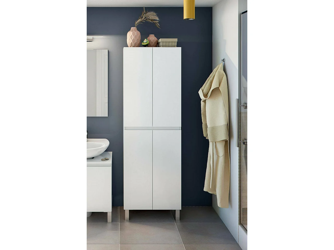 Dmora - Mobile colonna Fabian, 60x35 h182 cm, Bianco lucido