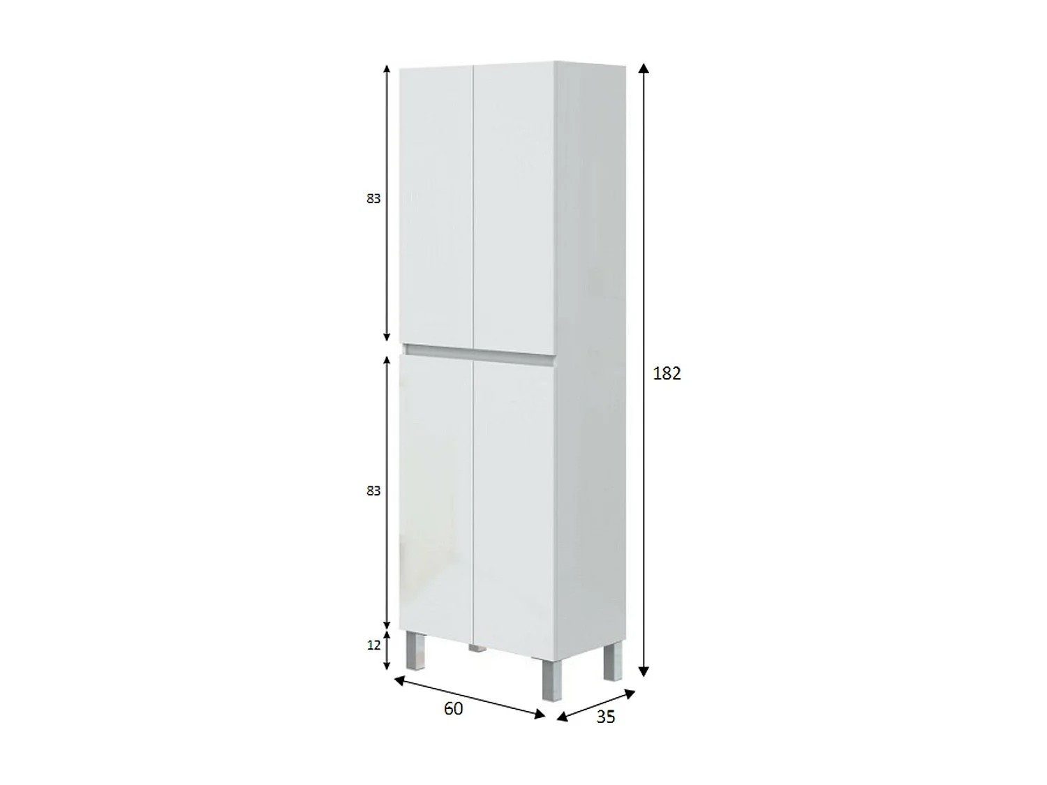 Armoire à colonnes Dzecchi, Élément mural de salle de bain, Armoire haute multifonctionnelle, Meuble polyvalente, 60x35 h182 cm, Blanc brillant