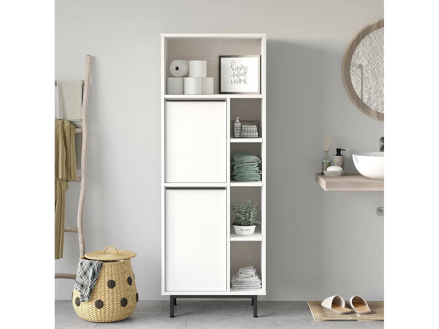 Armário de coluna Dpietraner, Móvel de parede para casa de banho ou cozinha, Armário alto multifuncional, Armário multiusos, 160x36 h45 cm, Branco