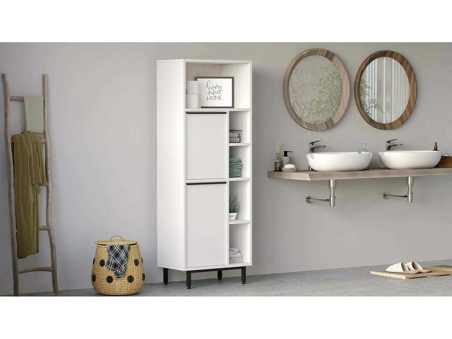 Armoire à colonnes Dpietraner, Élément mural de salle de bain, Armoire haute multifonctionnelle, Meuble polyvalente, 160x36 h45 cm, Blanc