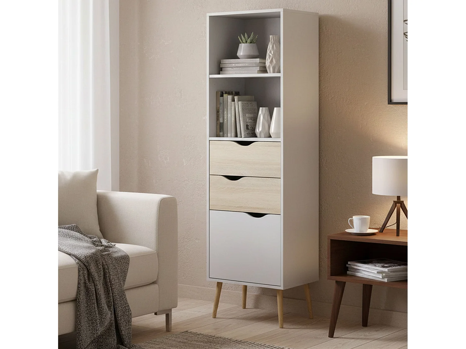 Dtean boekenkast, Kantoorplank, Boekenkast, Bibliotheek, 50x39 h171 cm, Wit en Eiken
