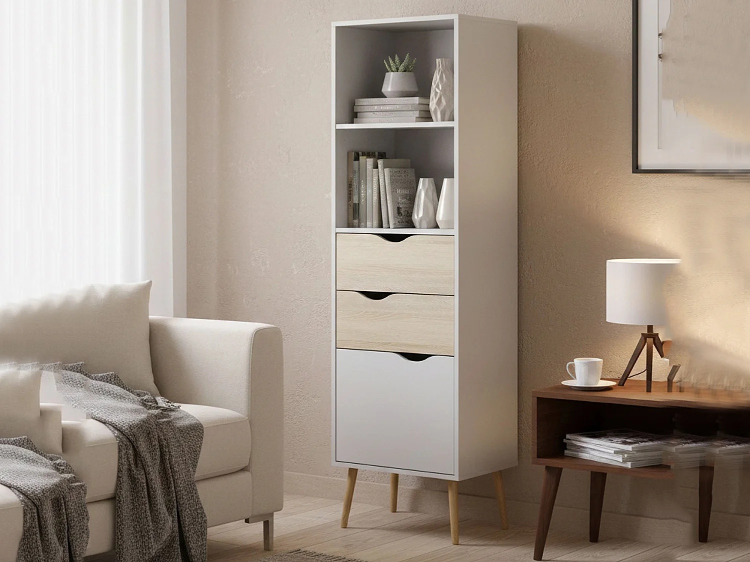Bibliothèque Dtean, Etagère de bureau, Porte-livre mobile, Librairie, 50x39 h171 cm, Blanc et chêne