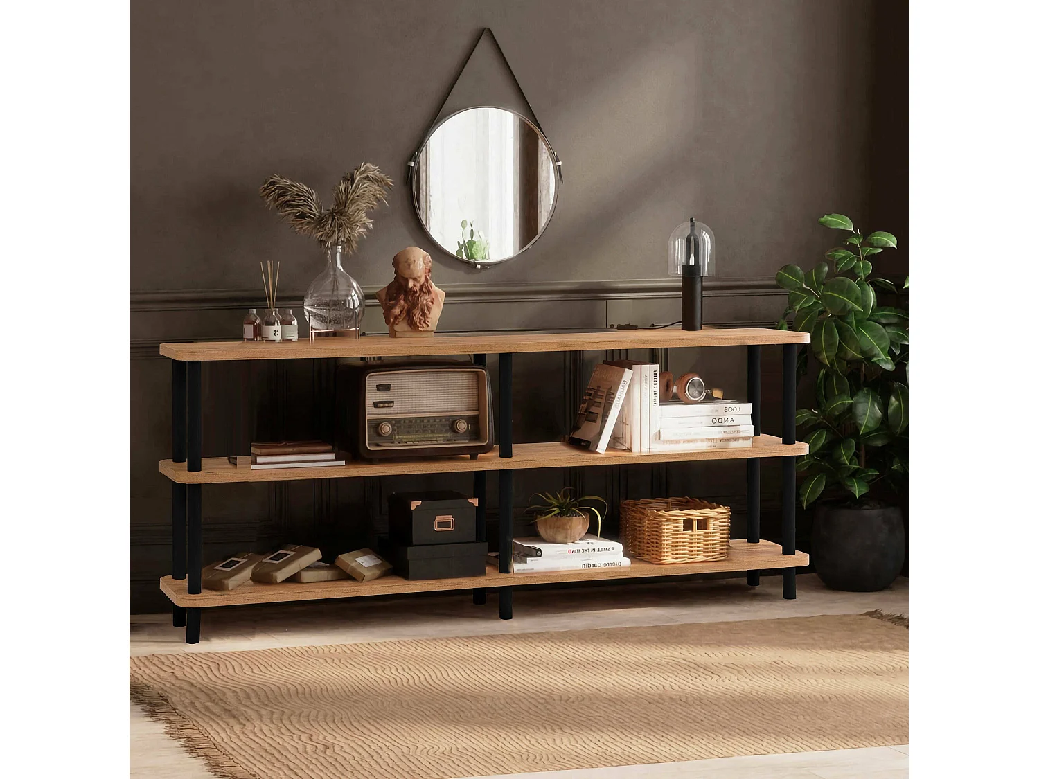 Bibliothèque Dacquafresc, Etagère de bureau, Porte-livre mobile, Librairie, 180x35 h75 cm, Noir et Chêne