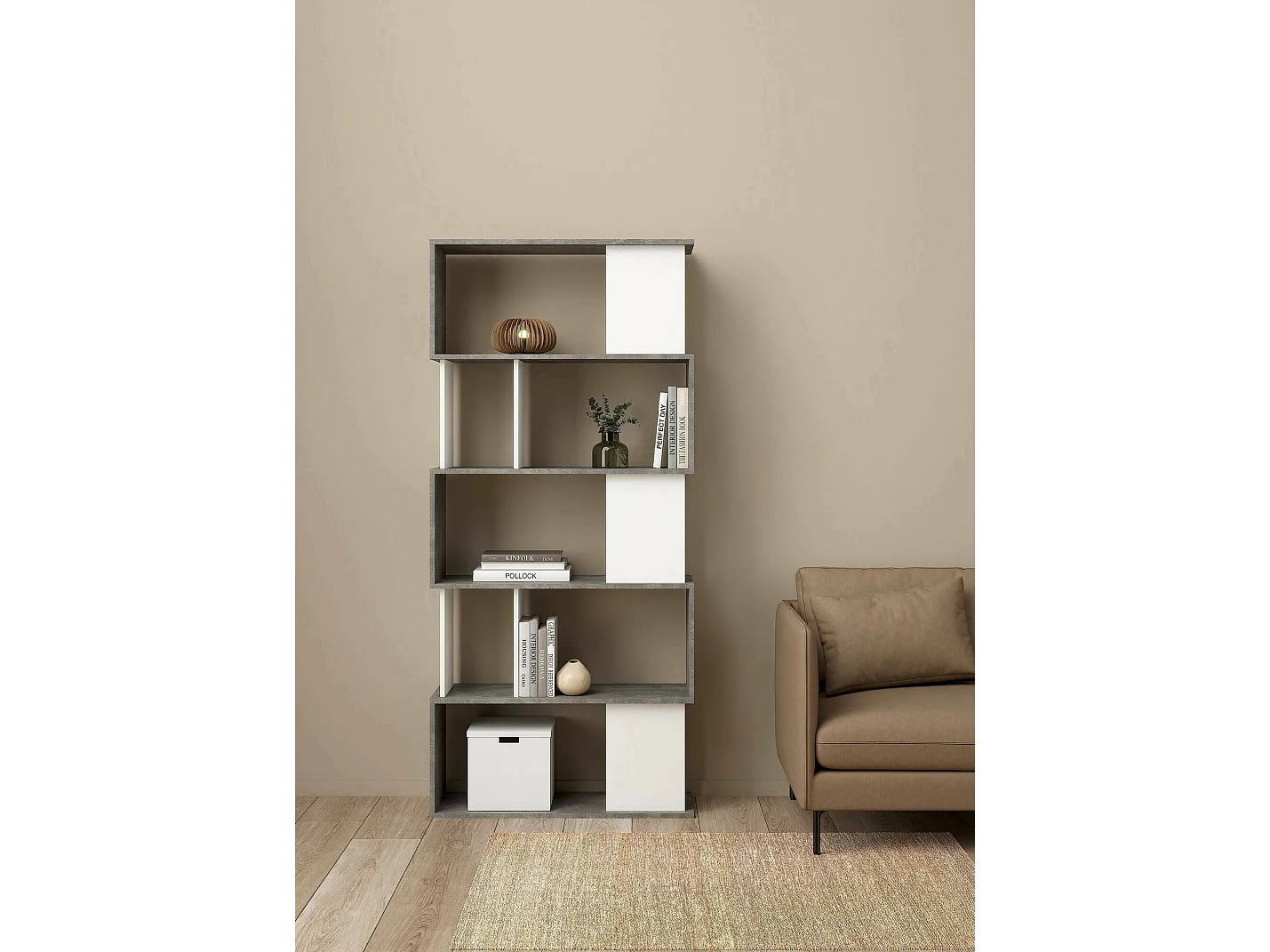 Bibliothèque Dscamacc, Etagère de bureau, Porte-livre mobile, Librairie, 80x30 h175 cm, Ciment et blanc