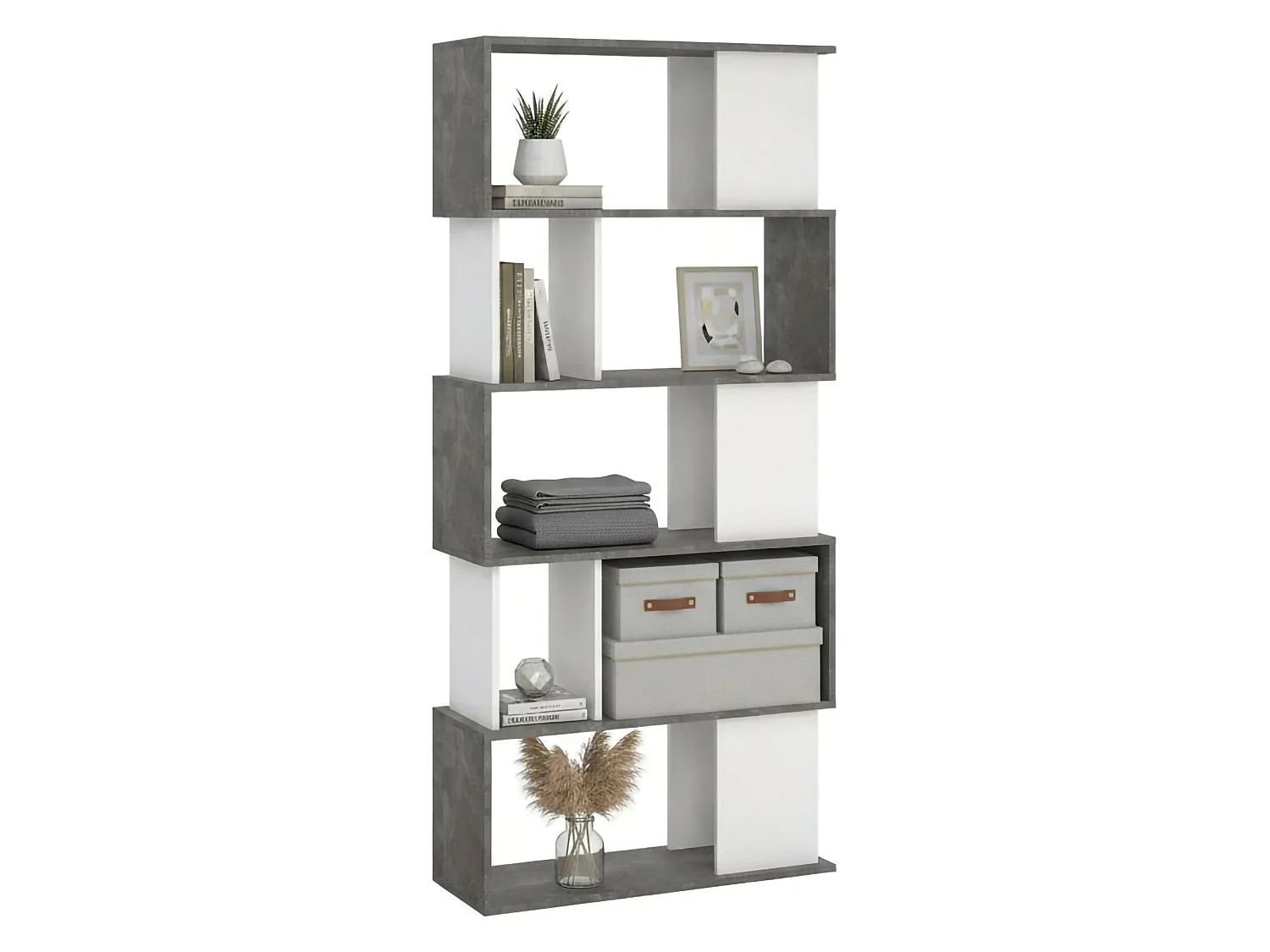 Bibliothèque Dscamacc, Etagère de bureau, Porte-livre mobile, Librairie, 80x30 h175 cm, Ciment et blanc
