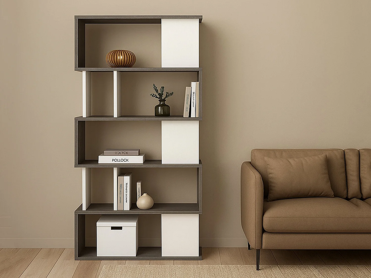 Bibliothèque Dscamacc, Etagère de bureau, Porte-livre mobile, Librairie, 80x30 h175 cm, Ciment et blanc