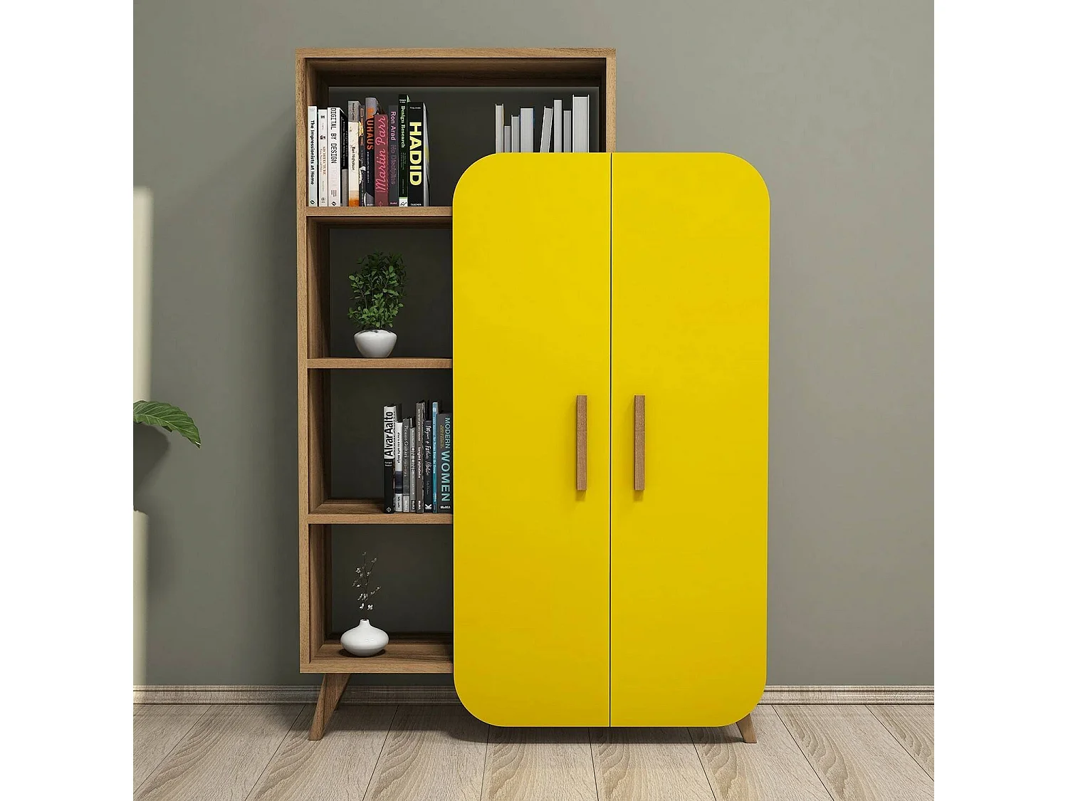 Bibliothèque Dnotaristefan, Etagère de bureau, Porte-livre mobile, Librairie, 90x32 h132 cm, Noyer et Jaune