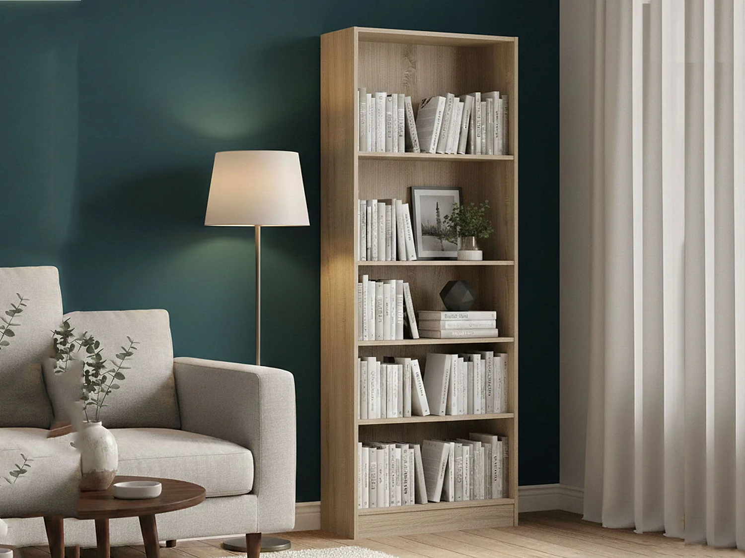 Bibliothèque Driber, Etagère de bureau, Porte-livre mobile, Librairie, 79x27 h203 cm, Chêne