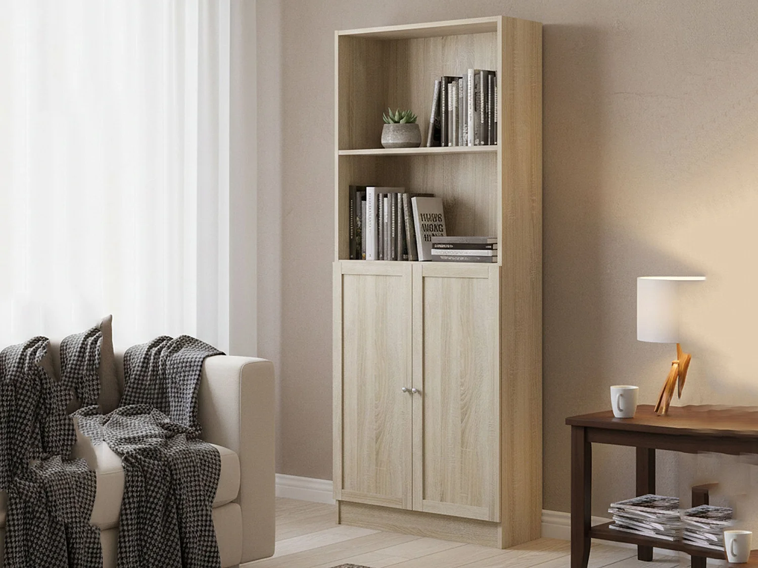 Bibliothèque Dsoffrid, Etagère de bureau, Porte-livre mobile, Librairie, 79x28 h203 cm, Chêne