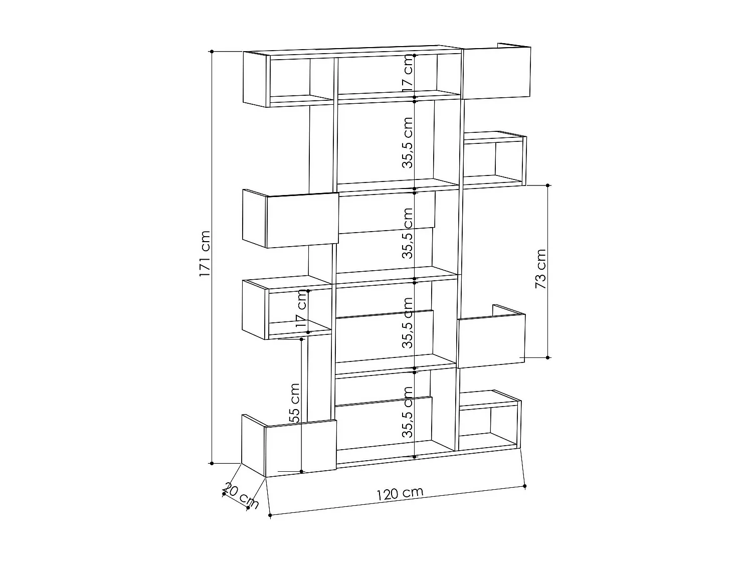 Bibliothèque Dmastrantoni, Etagère de bureau, Porte-livre mobile, Librairie, 120x20 h171 cm, Blanc