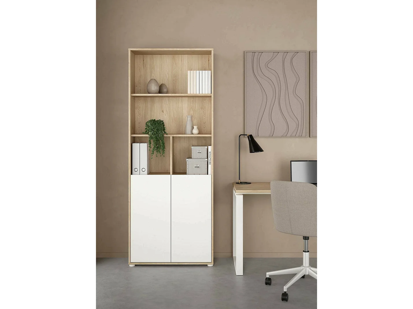 Bibliothèque Dtassott, Etagère de bureau, Porte-livre mobile, Librairie, 80x34 h205 cm, Chêne clair et Blanc