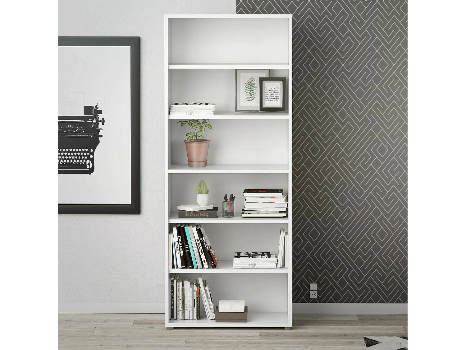 Bibliothèque Dtenton, Etagère de bureau, Porte-livre mobile, Librairie, 89x40 h222 cm, Blanc