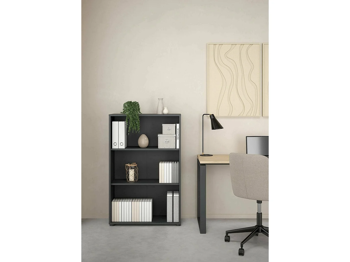 Bibliothèque Dsori, Etagère de bureau, Porte-livre mobile, Librairie, 80x34 h124 cm, Gri
