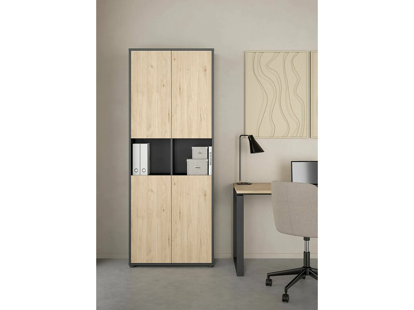 Dtavca boekenkast, Kantoorplank, Boekenkast, Bibliotheek, 80x34 h205 cm, Eiken en Grijs