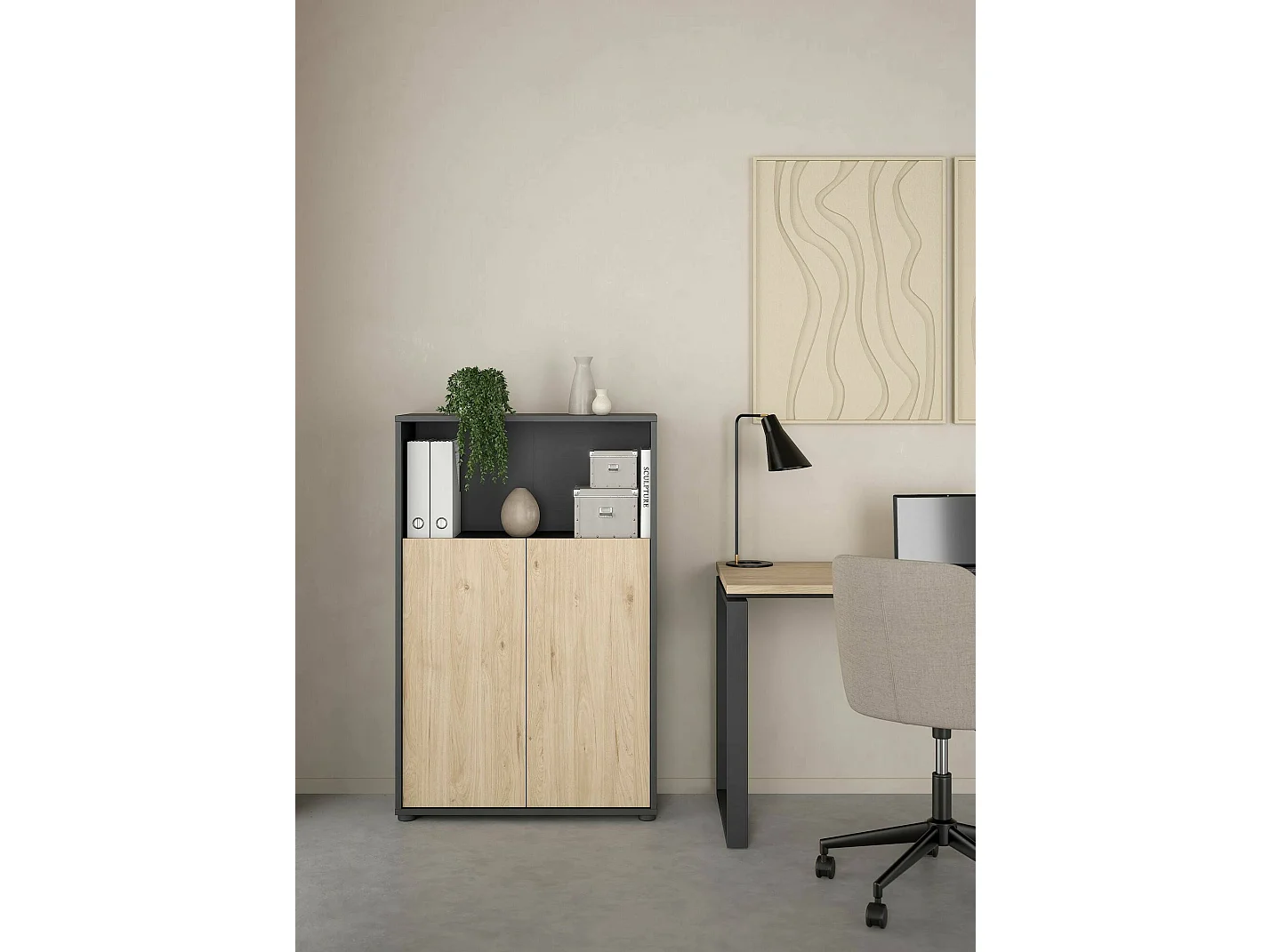 Bibliothèque Dtass, Etagère de bureau, Porte-livre mobile, Librairie, 80x34 h124 cm, Chêne et Gris