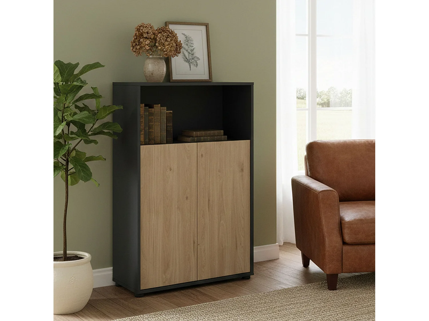 Bibliothèque Dtass, Etagère de bureau, Porte-livre mobile, Librairie, 80x34 h124 cm, Chêne et Gris